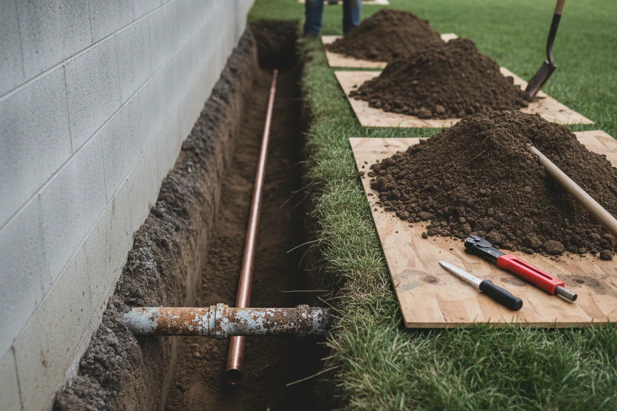 Excavated water line trench during Sewer Line Repair in Sewaren
